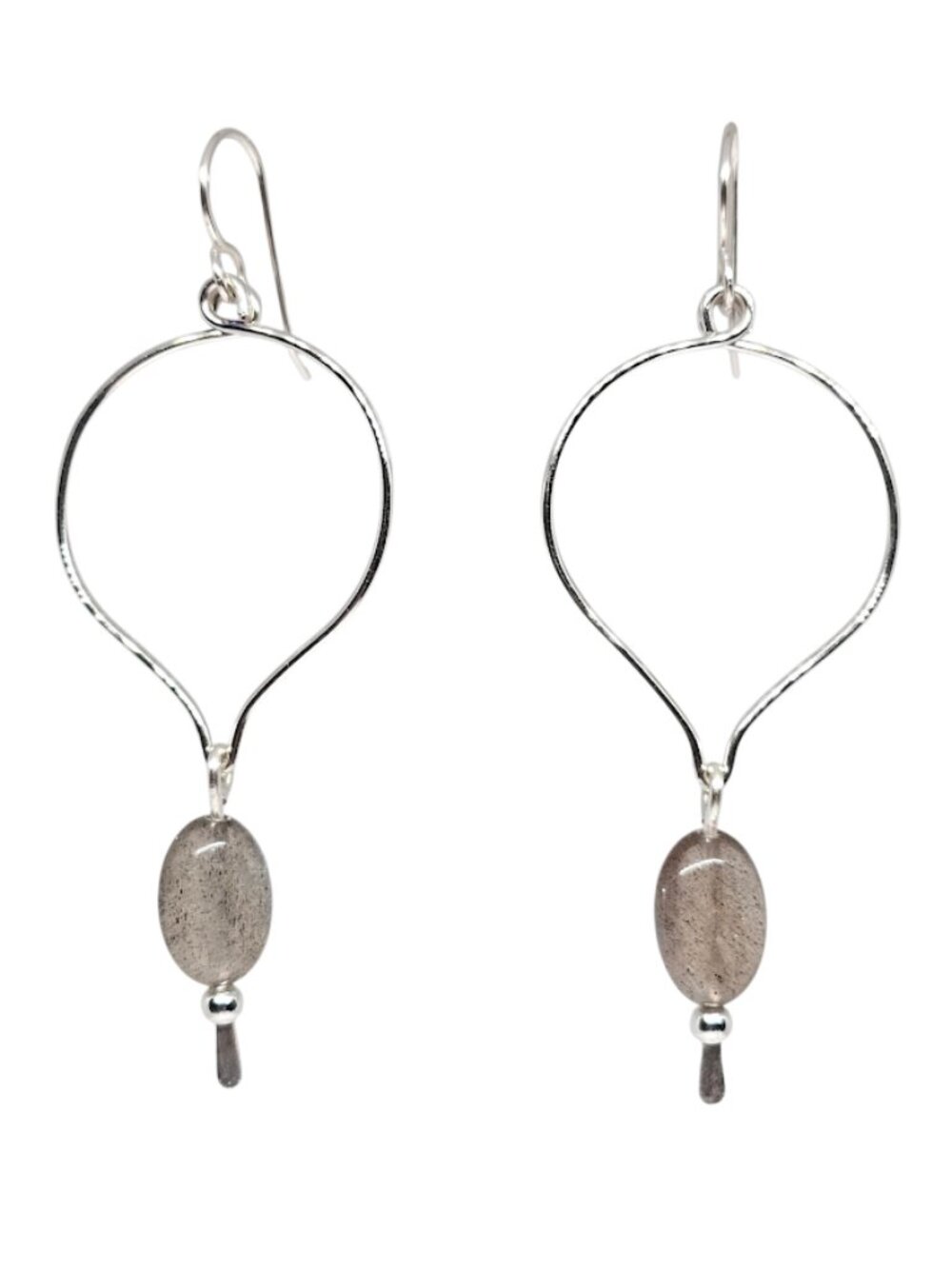 Handmade Gray Labradorite Gemstones Silver Teardrop Hoop Boho Earrings